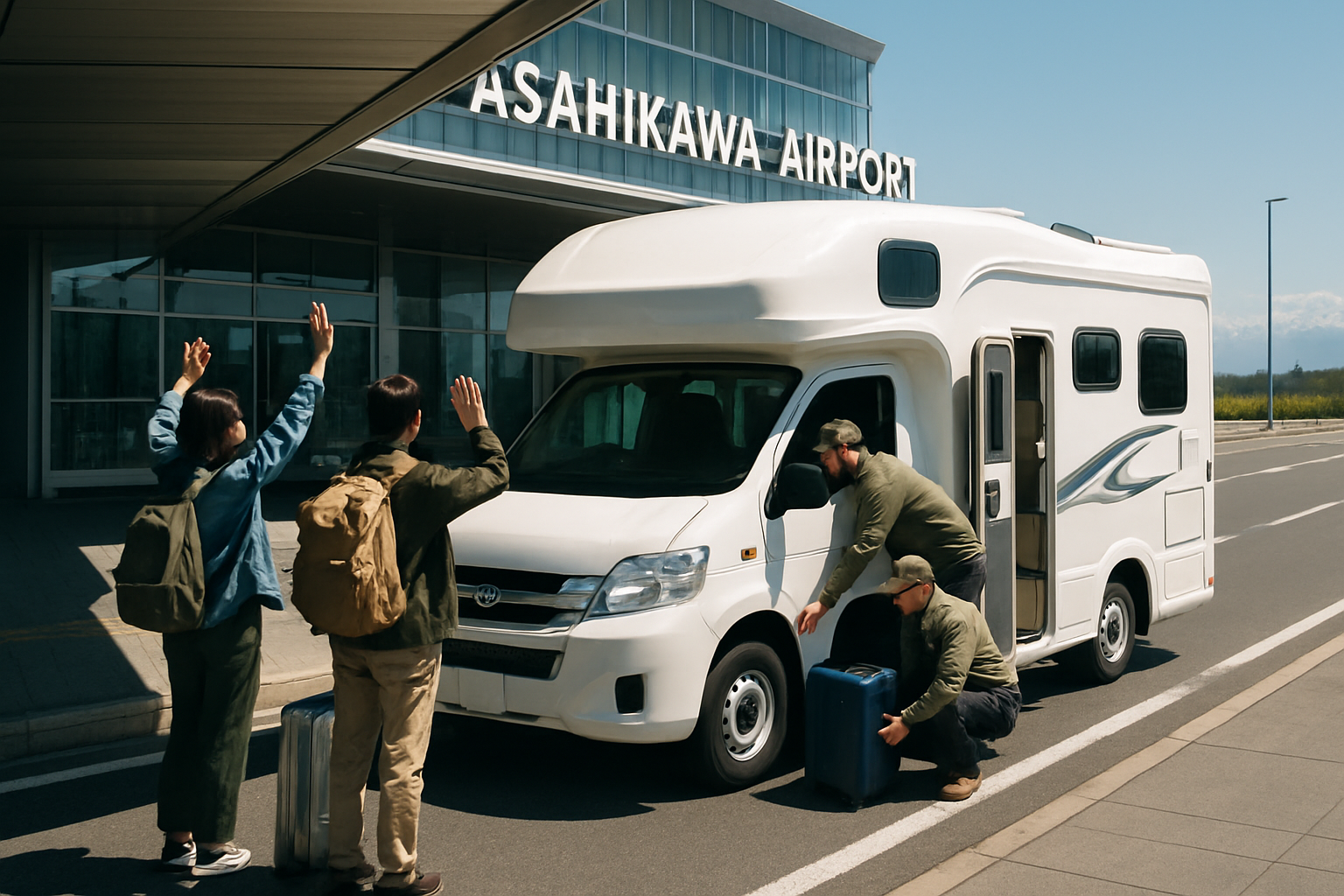 旭川空港の到着ロビーで送迎車と合流し出発の準備をする旅行者とキャンピングカー