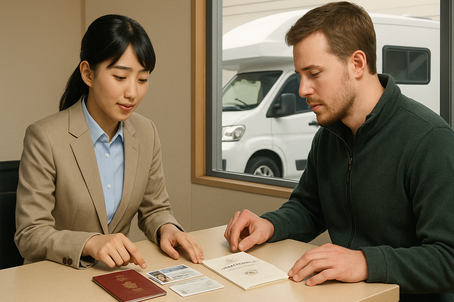 レンタルカウンターでパスポート・外国免許証・国際運転免許証を並べて確認する様子