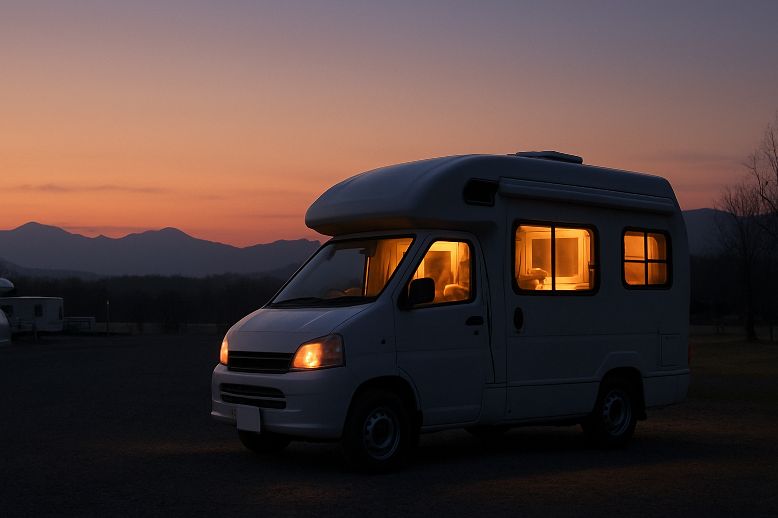 RVパークに停まるキャンピングカーと夕暮れの北海道の風景