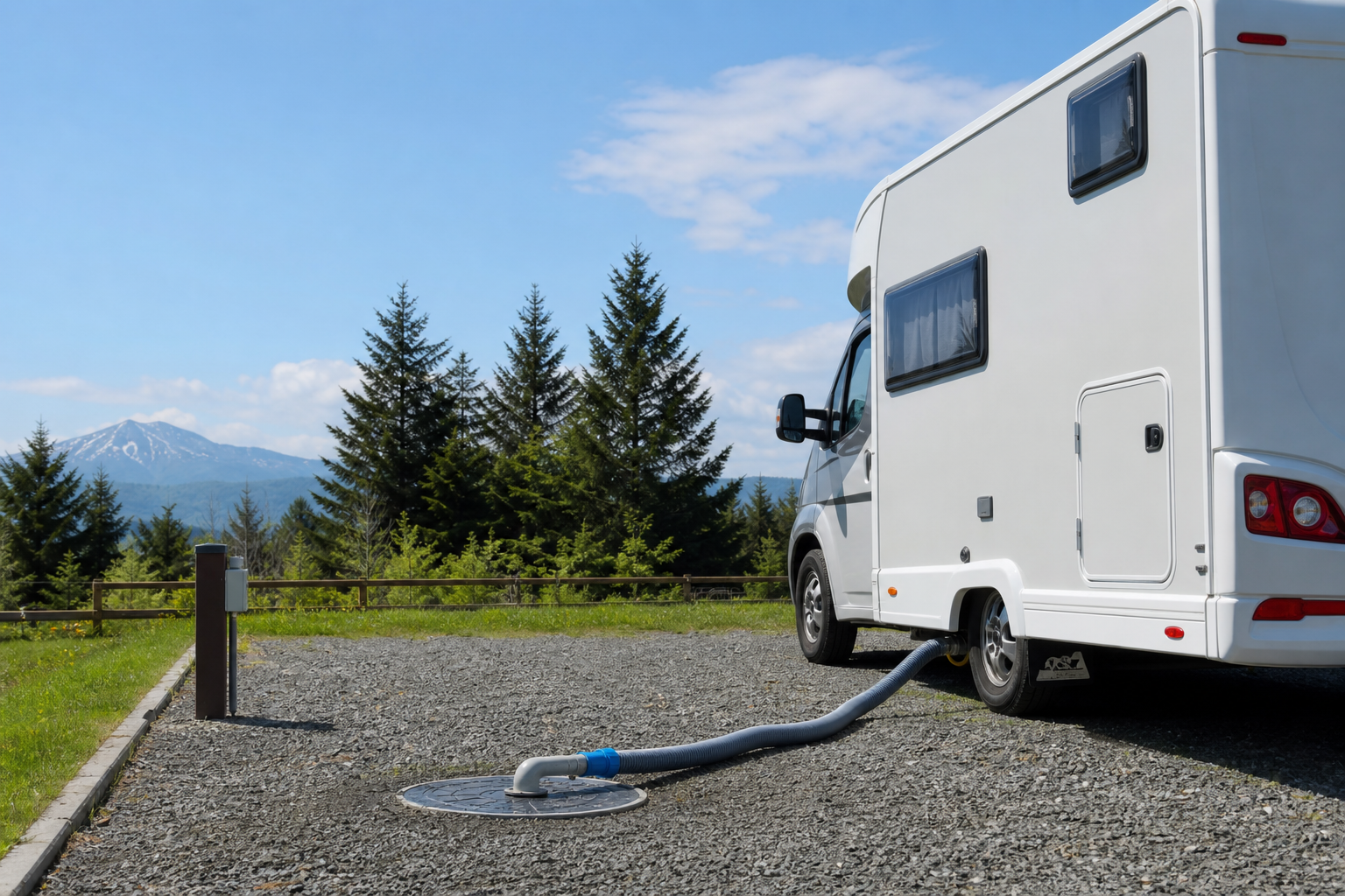 北海道のRVパークでキャンピングカーがダンプステーションのホースを接続している様子