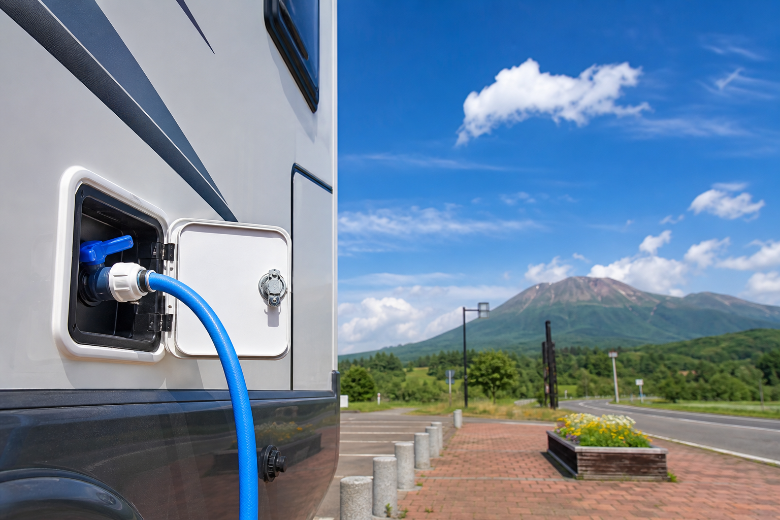 道の駅の給水設備でキャンピングカーのタンクに水を補給する様子