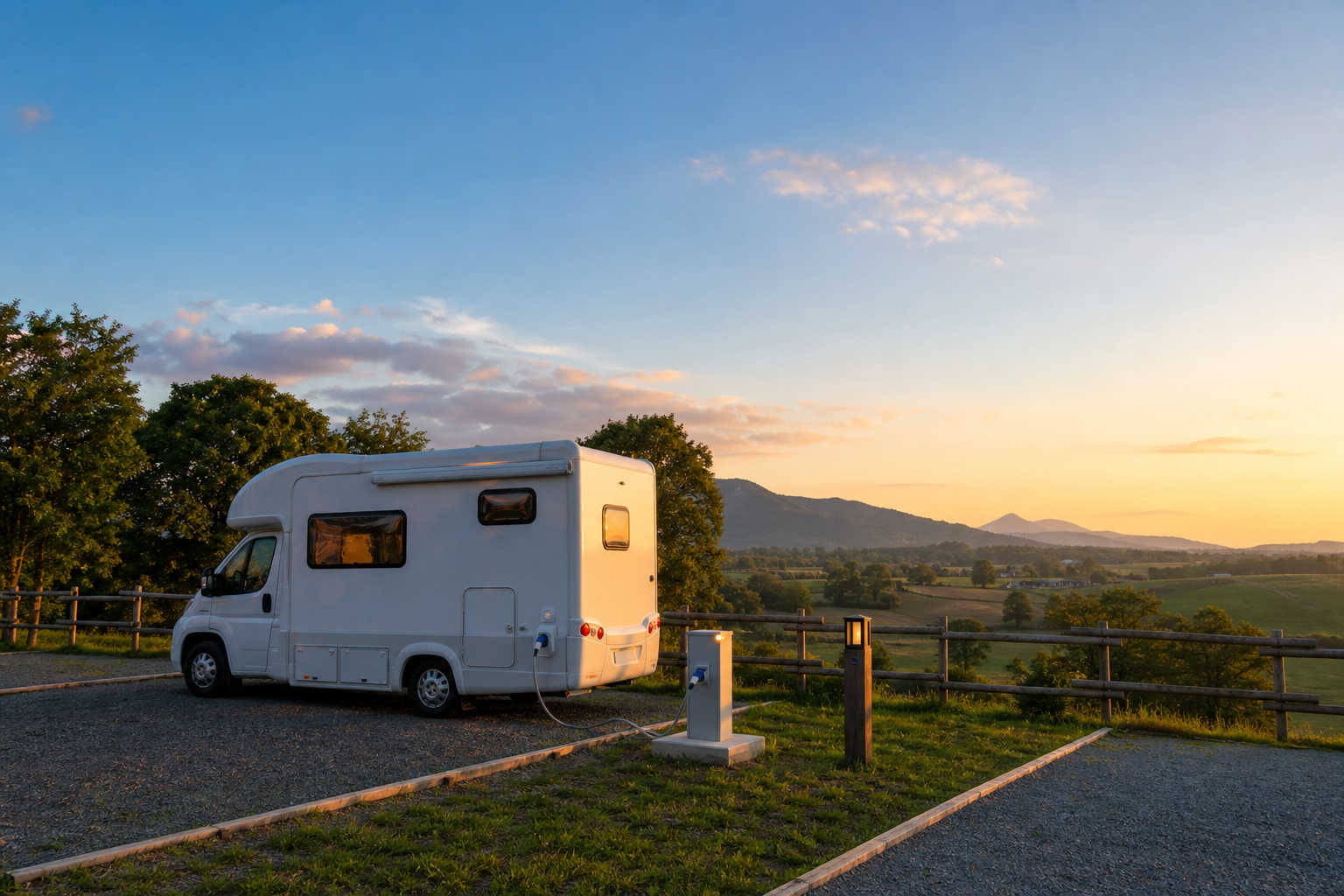 夕方の道南のRVパークに停まるキャンピングカーと電源・給水設備