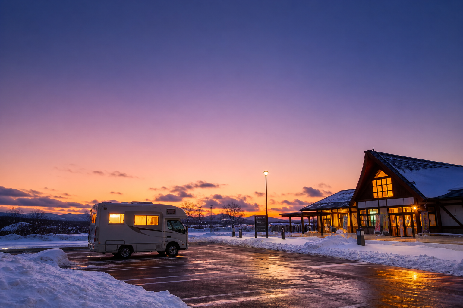 夕暮れ時、除雪された道の駅駐車場に停まるキャンピングカー