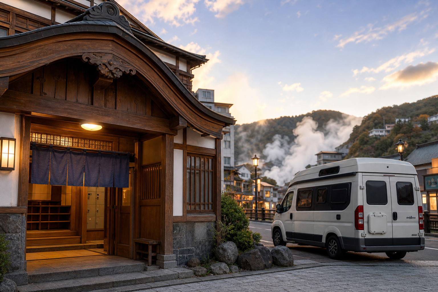 登別温泉街にある共同浴場の入口と駐車したキャンピングカー