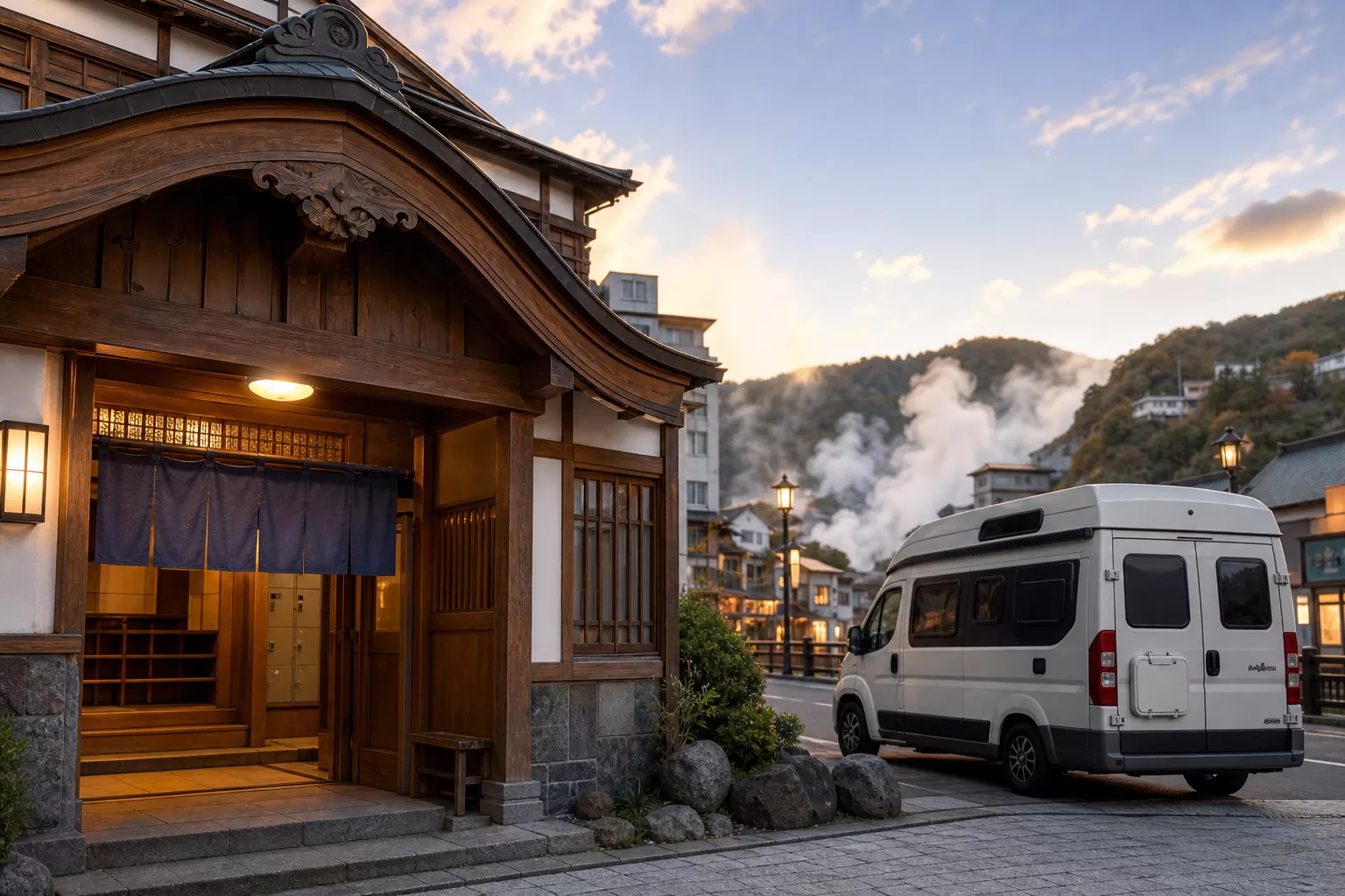 登別溫泉街上的公共浴場入口與停放的露營車