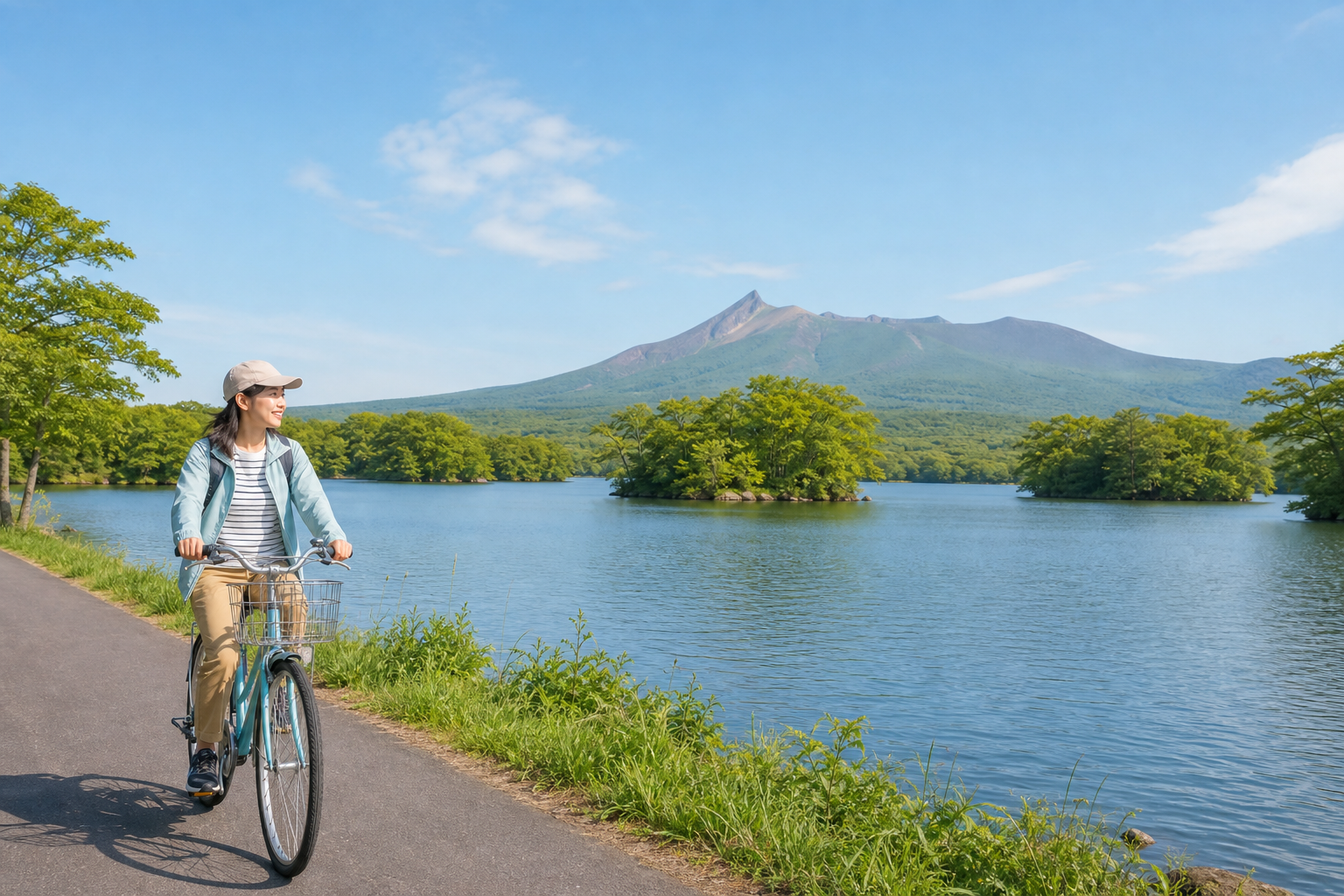 Cruise boat on Lake Onuma with Mt. Komagatake reflected on the water