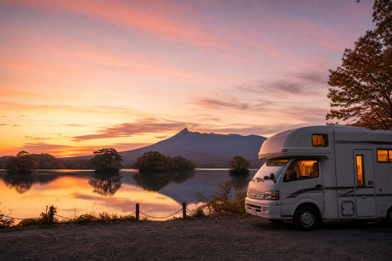 Campervan parked at dusk near Lake Onuma with Mt. Komagatake silhouette
