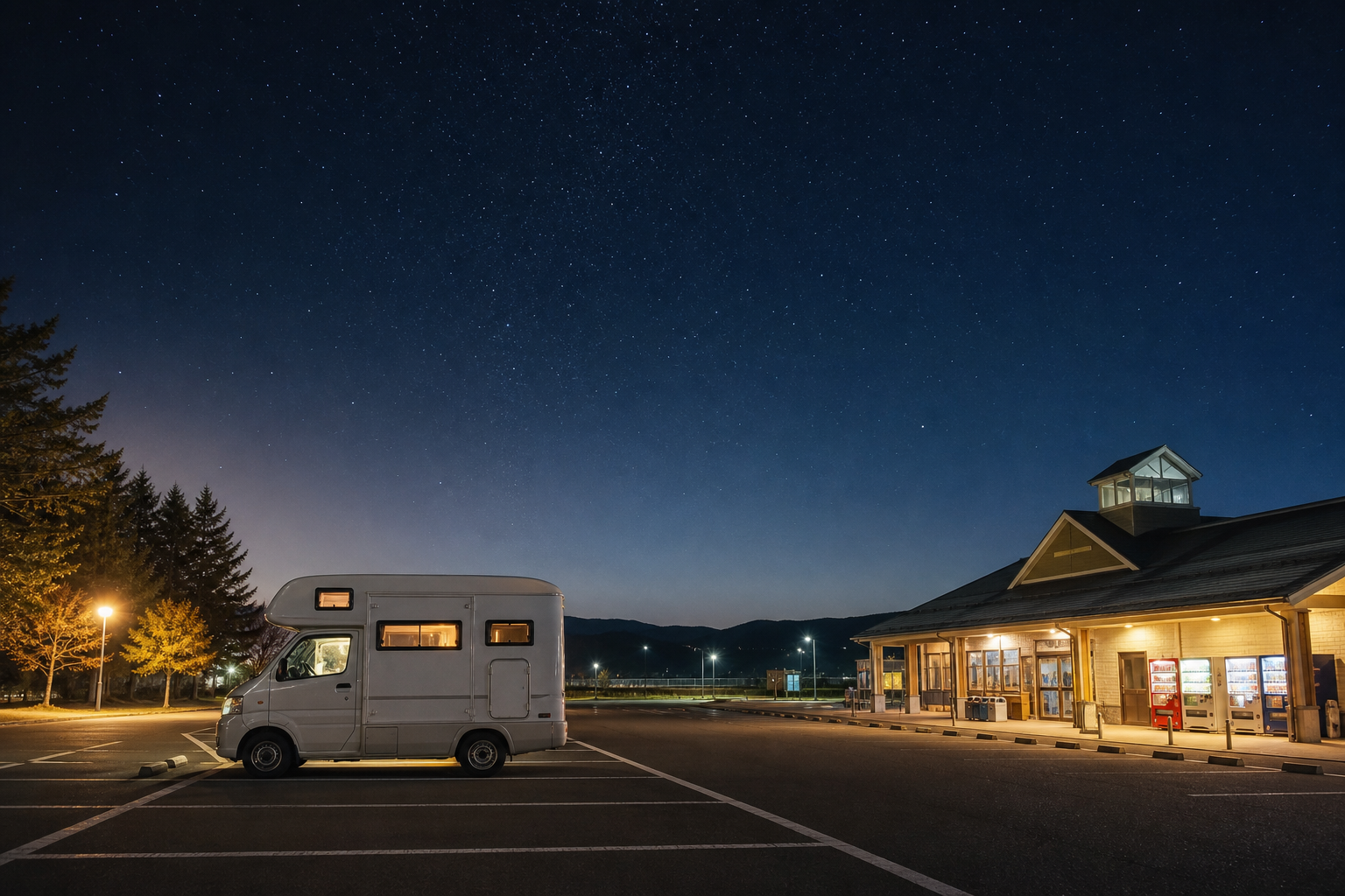 Campervan parked overnight at a roadside station under a starry sky