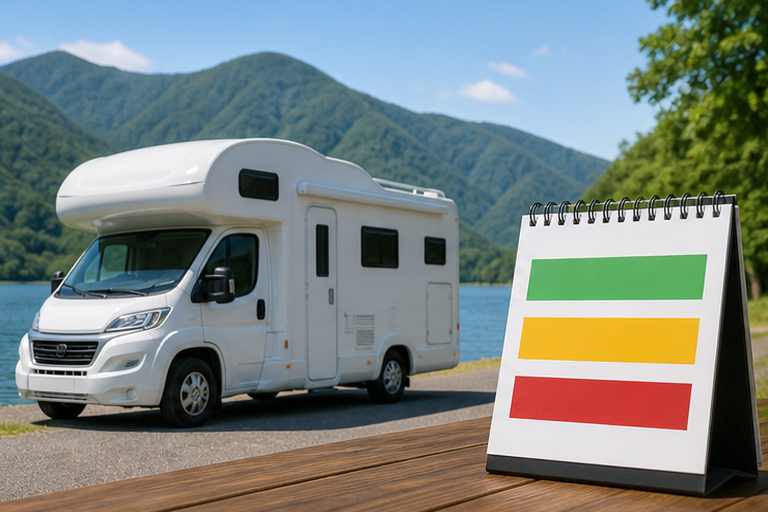 湖畔に停まったキャンピングカーと、緑・黄・赤の3段階のバーで予約日からの経過を示すカレンダー