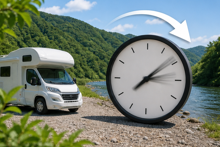 針が勢いよく回る時計と湖畔のキャンピングカー。予約日までの時間が思ったより早く過ぎていく様子