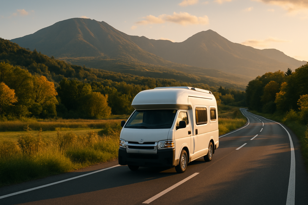 北海道の山道を走るキャンピングカー