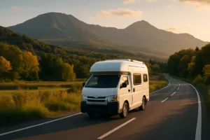 北海道の山道を走るキャンピングカー