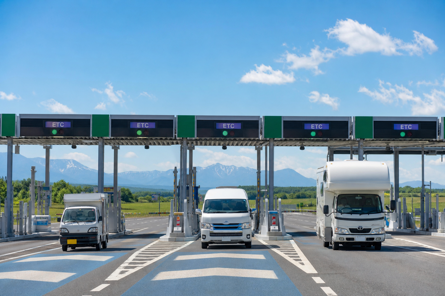 北海道の高速道路のETCゲートを様々なタイプのキャンピングカーが通過していく様子