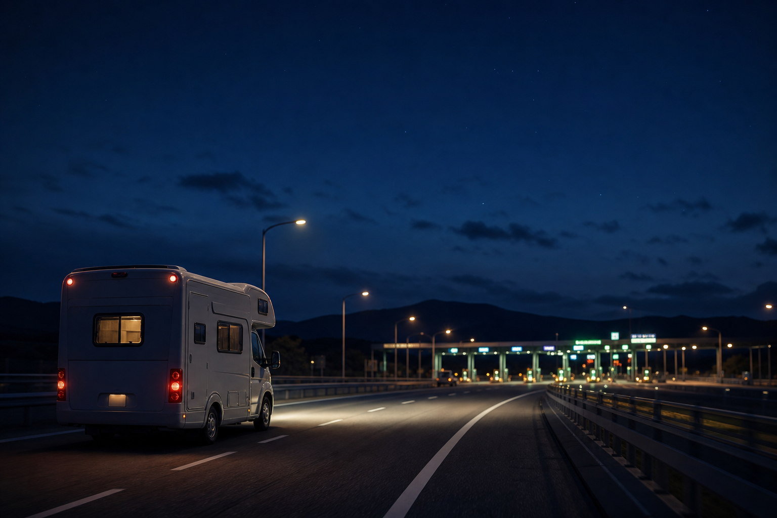 夜の北海道の高速道路をキャンピングカーが走行する様子