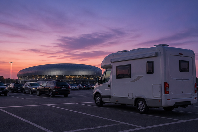 夕暮れの駐車場に停まるキャンピングカーと奥に見えるスタジアムのイメージ