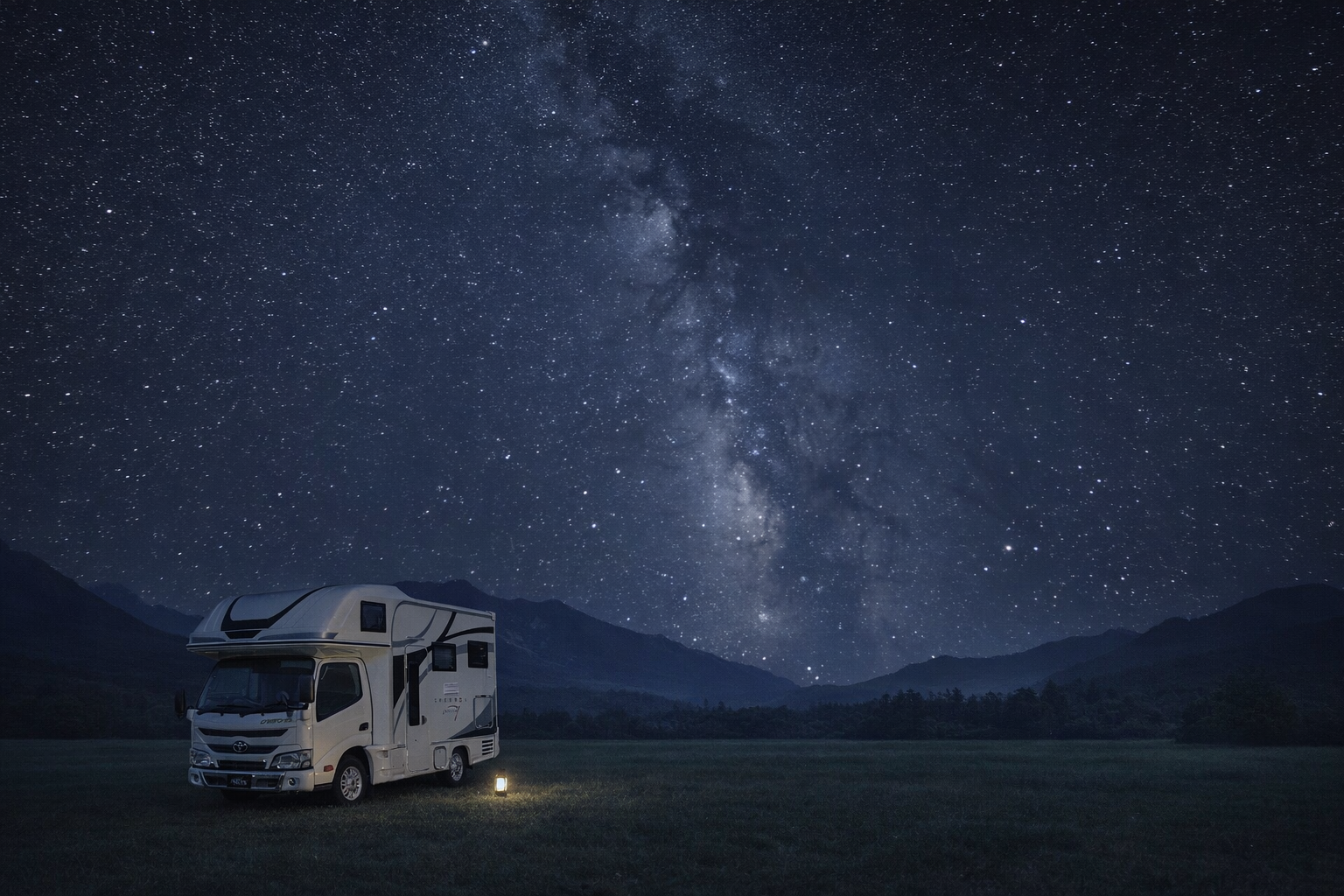 満天の星空とキャンピングカーの車中泊シーン