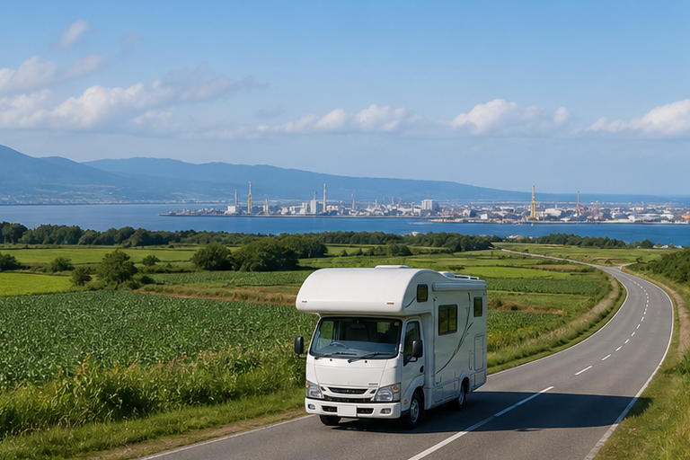 北海道の田園地帯を走るキャブコンタイプのキャンピングカーと、海を挟んだ対岸に見える港町・工業地帯の風景