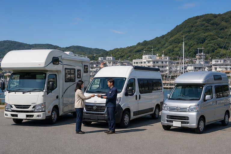 港近くのレンタル駐車場で、スタッフから鍵を受け取る利用者と、キャブコン・バンコン・軽バンなど3台のキャンピングカー