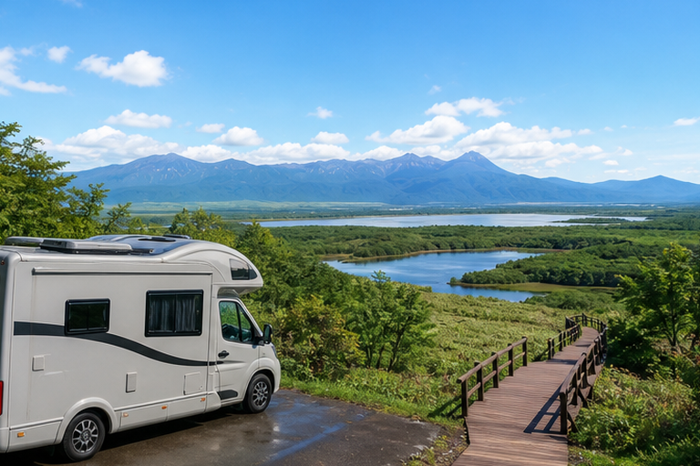 湿原と山並みを望む北海道の展望スポットに停まったキャンピングカー