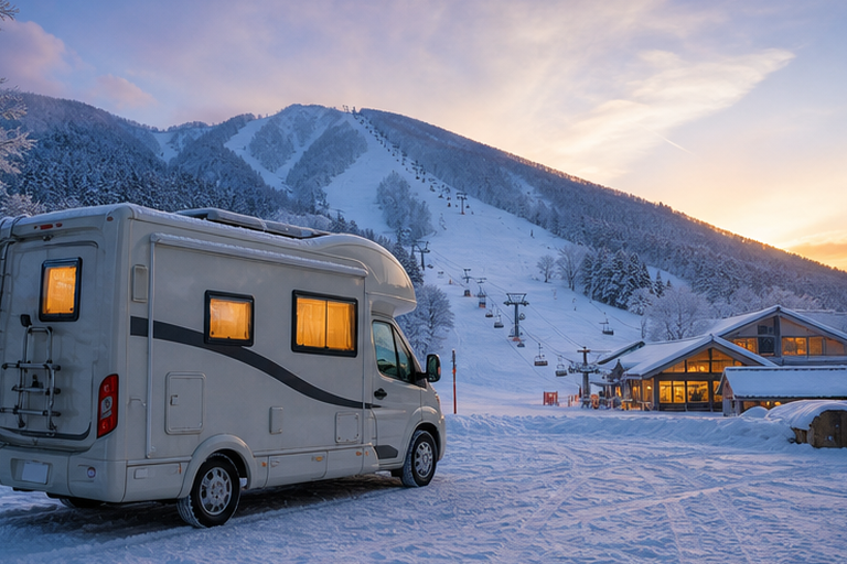 夜明けのスキー場に停まったキャンピングカー。雪山とリフトが見える