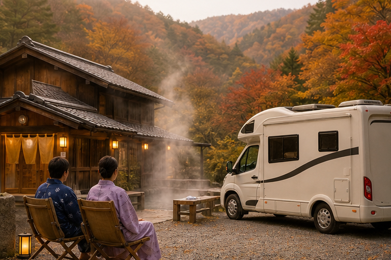 紅葉に囲まれた温泉宿の前に停まったキャンピングカーと、浴衣姿でくつろぐ旅行者