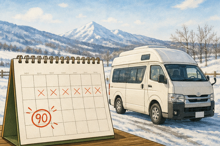 A calendar with marked dates highlights a booking confirmed 90 days in advance next to a camper van in a snowy landscape, illustrating the early-bird discount process.