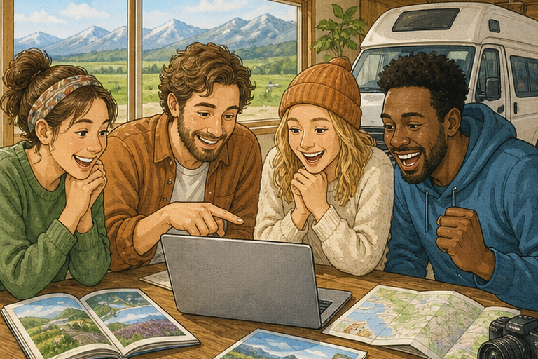 A group of diverse English-speaking travelers excitedly plan a Hokkaido camper van trip, surrounded by travel guides and a laptop displaying a booking screen.