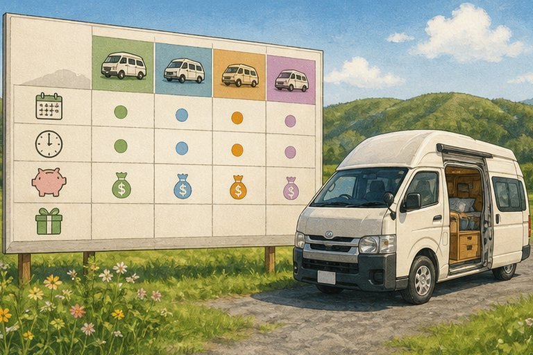 A comparison chart in the background shows various discount tiers of different companies, with a camper van parked beside it, illustrating different rental company offers.