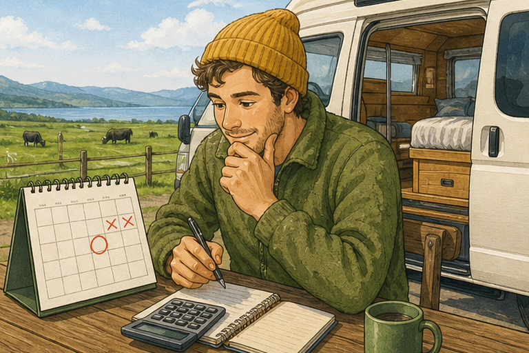 A traveler looks at a calendar and calculator while sitting next to a camper van, calculating days to determine eligibility for early-bird discount rates.
