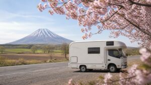桜と羊蹄山を背景に停車するキャンピングカー（イメージ画像）