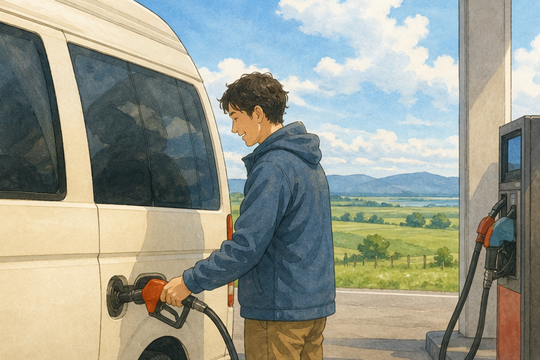 郊外のガソリンスタンドでキャンピングカーに給油する男性。
