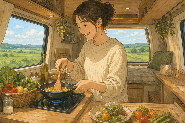 キャンピングカーの車内で、女性が簡単な料理を楽しそうに作る様子。