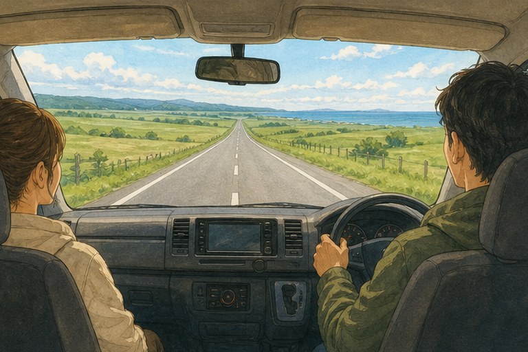 北海道の広い畑の中をまっすぐ伸びる道路を走るキャンピングカーの車内からの眺め。