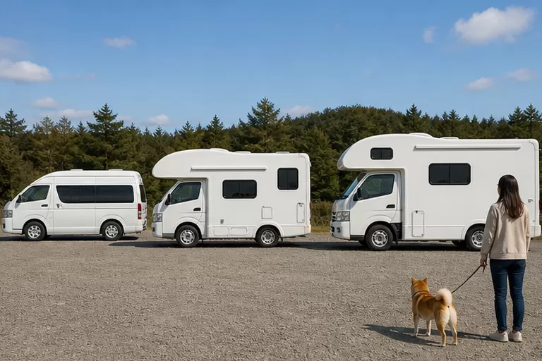レンタル拠点に並ぶ3台のキャンピングカーと、犬を連れて選ぶ様子（イメージ）
