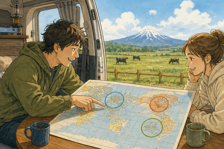A modern camper van is parked next to a world map with three areas highlighted, showing different driving documentation requirements for Japan.