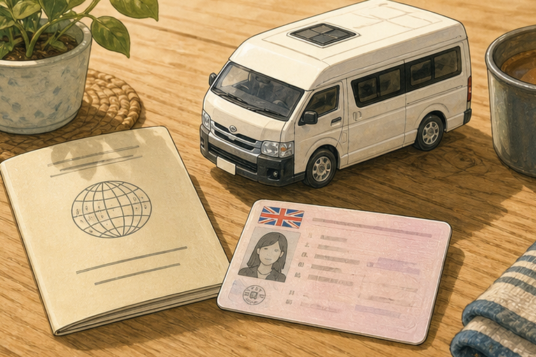A UK-issued International Driving Permit and a UK photocard licence are on a table beside a model camper van, representing the documents needed for UK travellers in Japan.