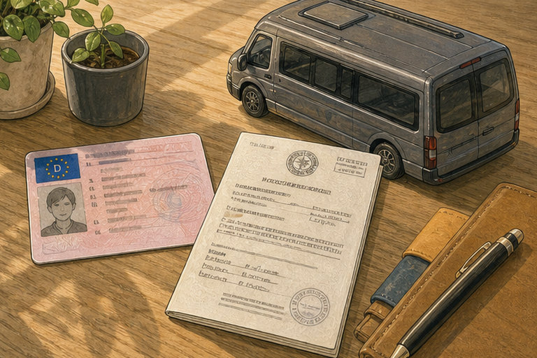A German driving licence and its official Japanese translation are on a desk with a camper van model, illustrating what German licence holders need to drive in Japan.