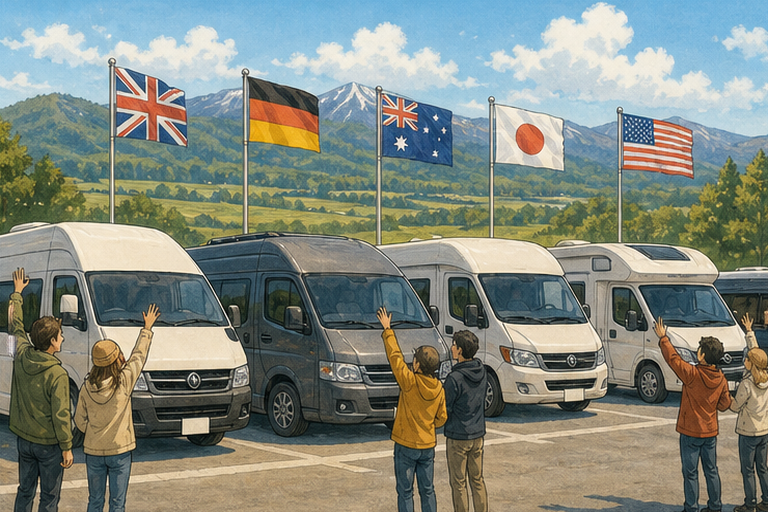 A group of camper vans is parked in a lot with flags from different countries, emphasizing the varied documentation requirements for driving in Japan based on nationality.