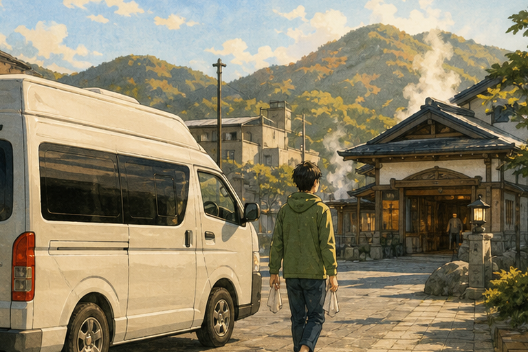 男子從停在紅葉溫泉街的露營車走向日歸溫泉入口。