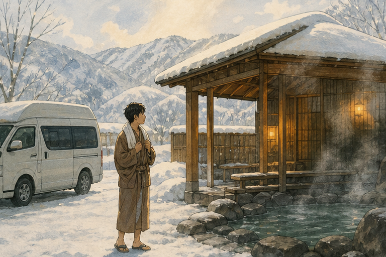 白雪覆蓋的露天溫泉建築前,男子站在露營車旁準備入浴。