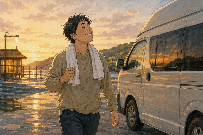 泡湯後,男子毛巾掛在肩上,在夕陽中走回露營車。