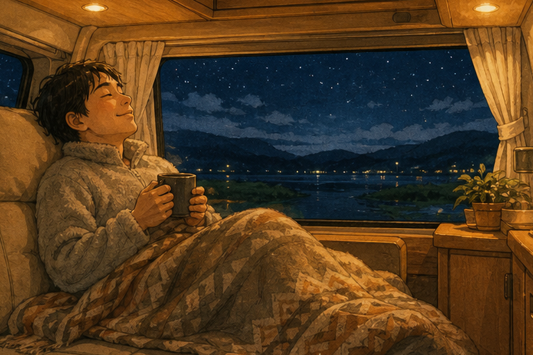 夜晚,男子裹著毯子在露營車內手捧熱飲放鬆休息。