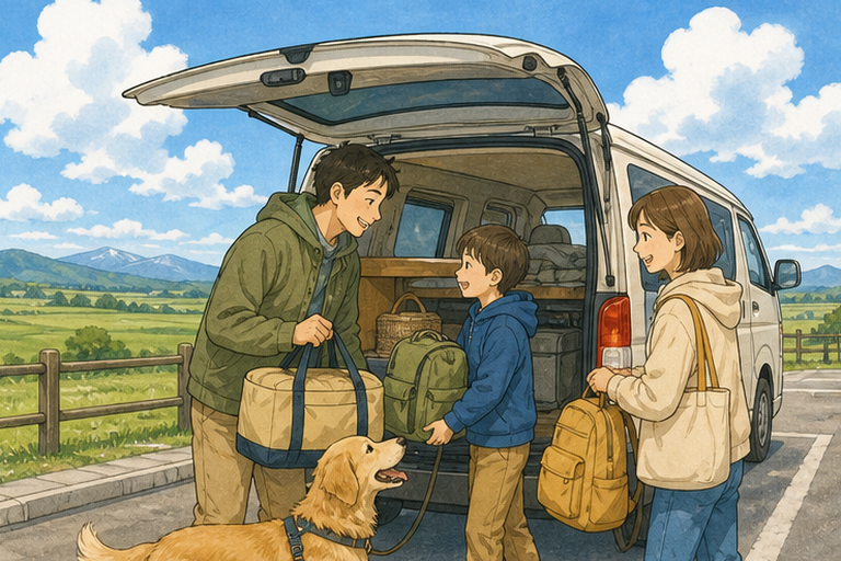 插畫:一家人在北海道路邊將行李搬上露營車,繫著牽繩的狗抬頭望著他們