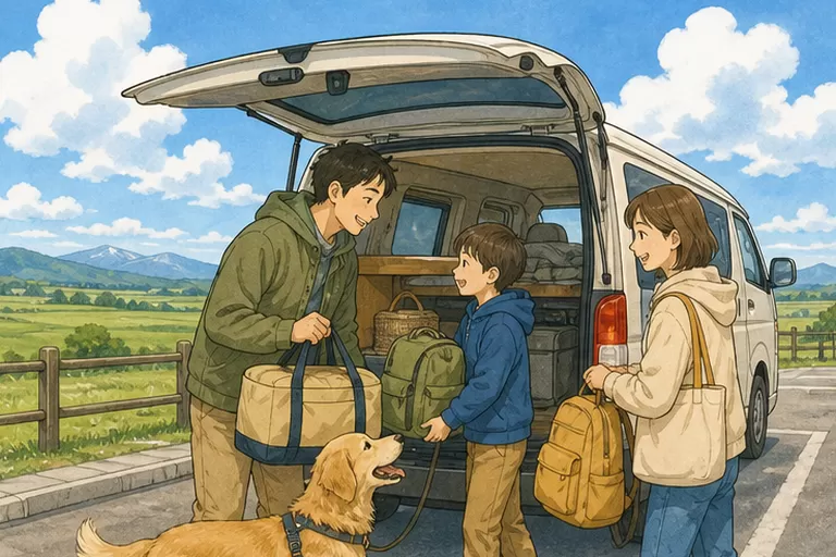 Illustration of a family loading bags into a campervan on a Hokkaido roadside while their dog on a leash looks up at them