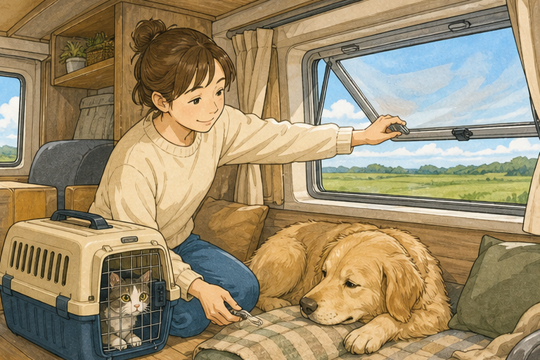 插畫:有人在露營車內固定寵物外出籠並打開窗戶通風,一旁的狗安靜休息