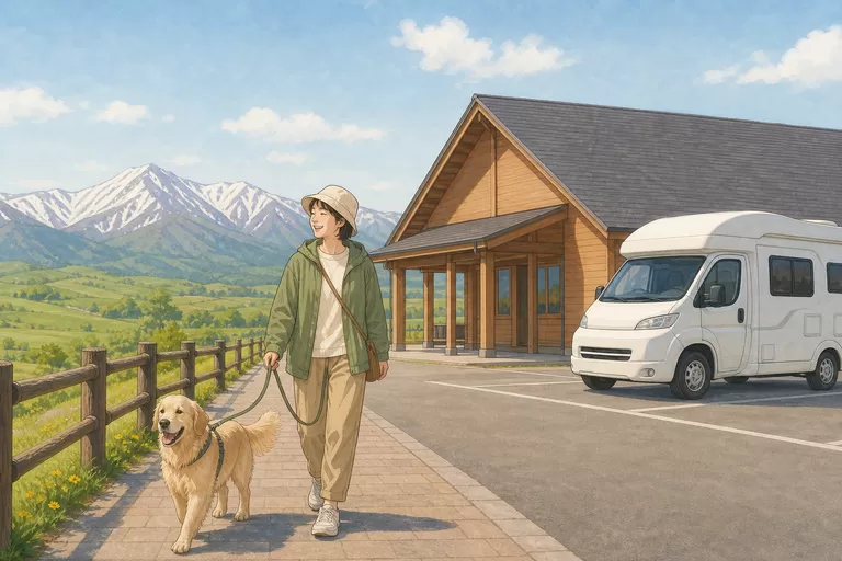 Illustration of a person walking their leashed dog along a promenade at a roadside station, with a wooden building, a white campervan, and snow-capped mountains behind
