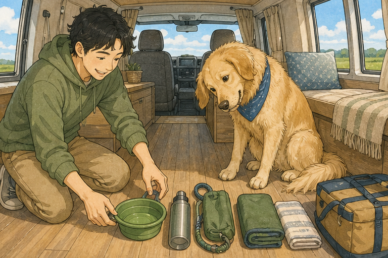 插畫:有人在露營車地板上擺放旅行用品與寵物水碗,狗在一旁專注看著