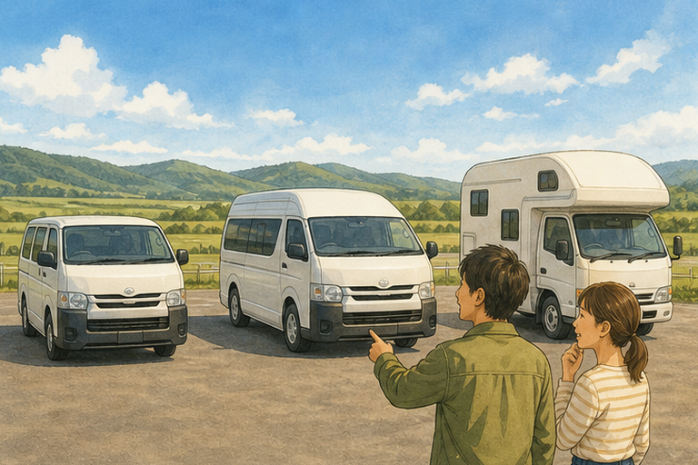 一對夫妻在北海道停車場比較三種露營車類型的插畫