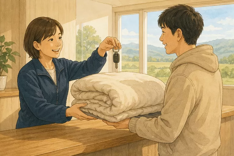 レンタル拠点の受付でスタッフから鍵と寝具一式を受け取る客のイラスト