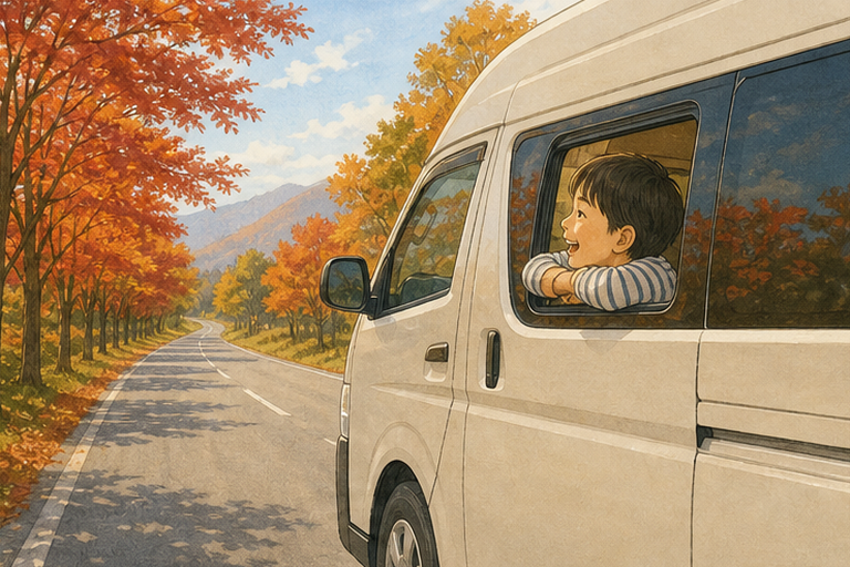 孩子在行駛於楓葉道路上的露營車內望向窗外的插畫